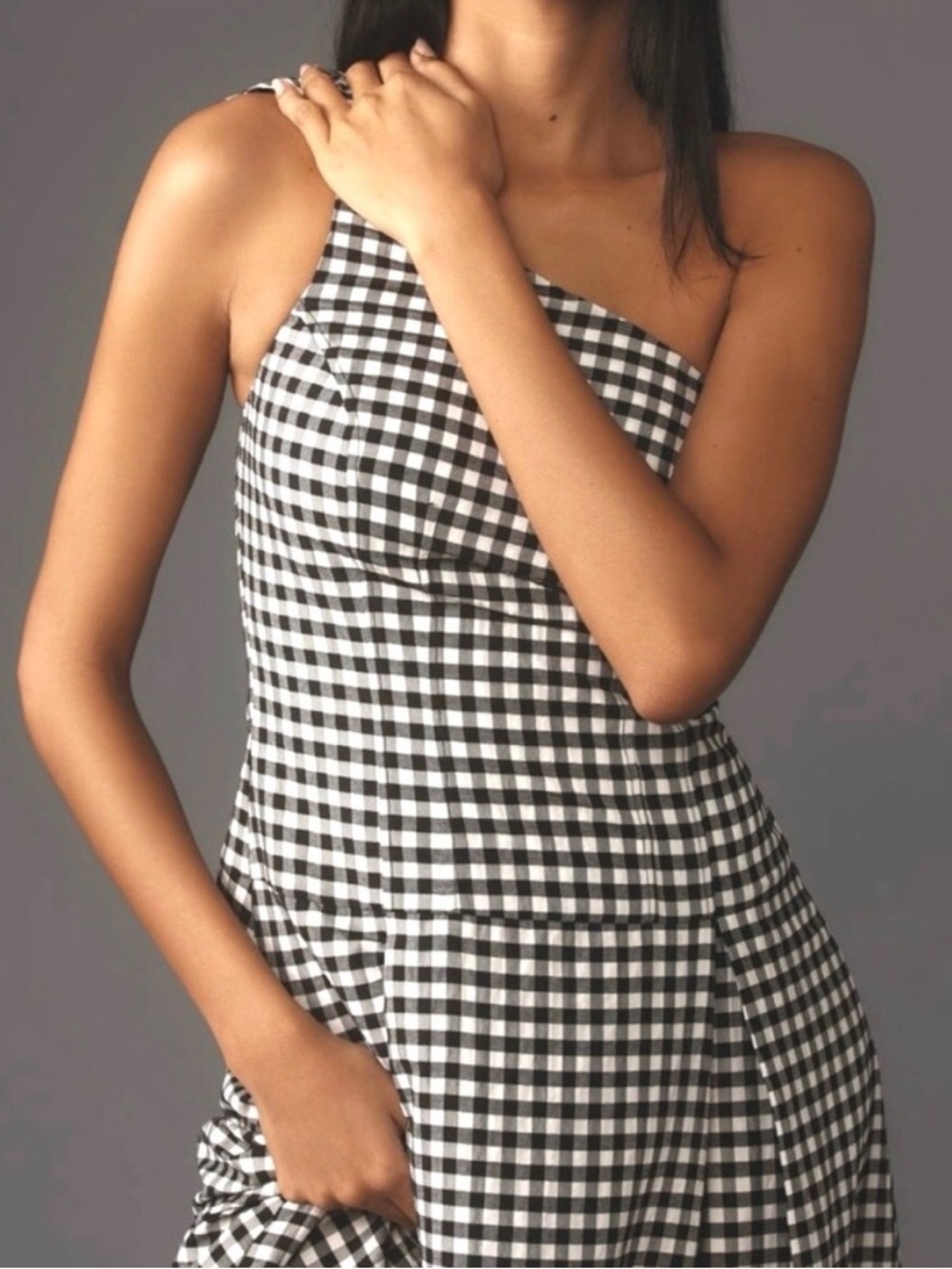 Anthropologie One Shoulder Black & White Gingham Dress Small NWT - Picture 2 of 12